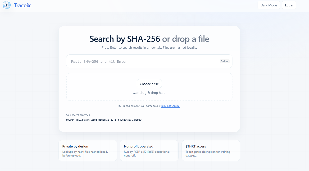 Traceix start page showing search by SHA-256 or file upload
